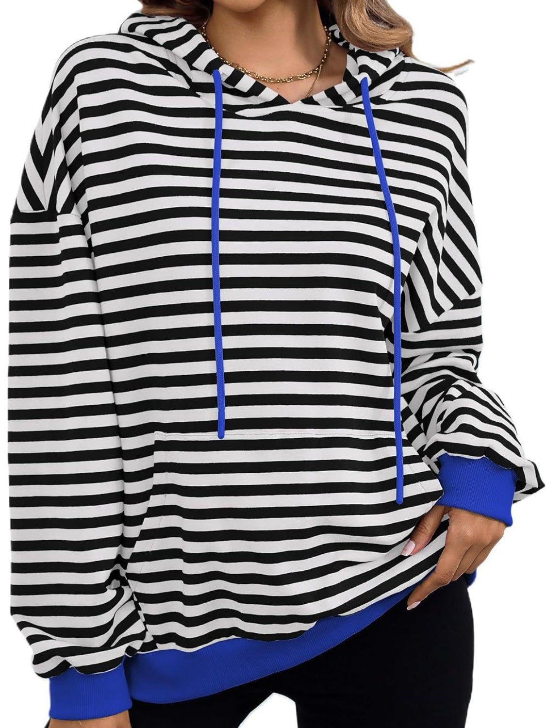 drawstring striped long sleeve hoodie