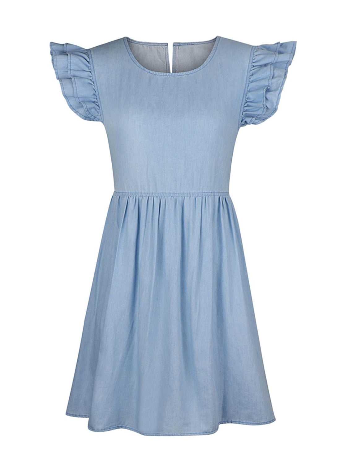 full size ruffled round neck cap sleeve denim dress