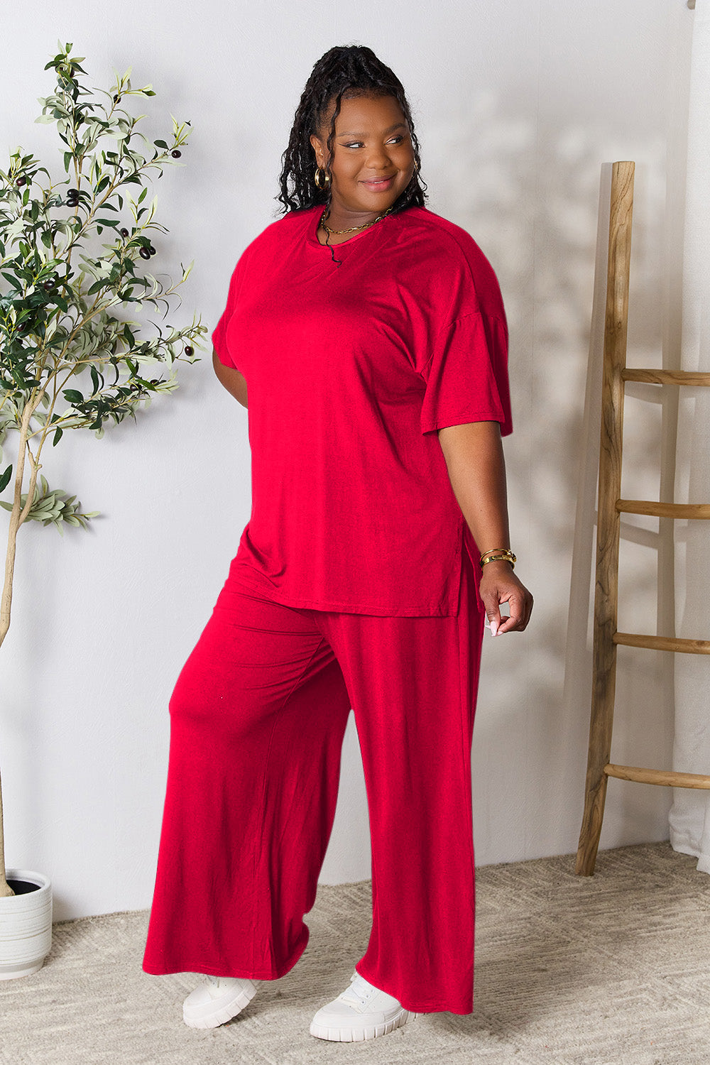 double take full size round neck slit top and pants set