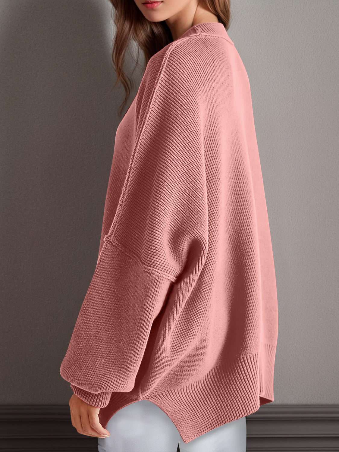 double take side slit round neck long sleeve sweater