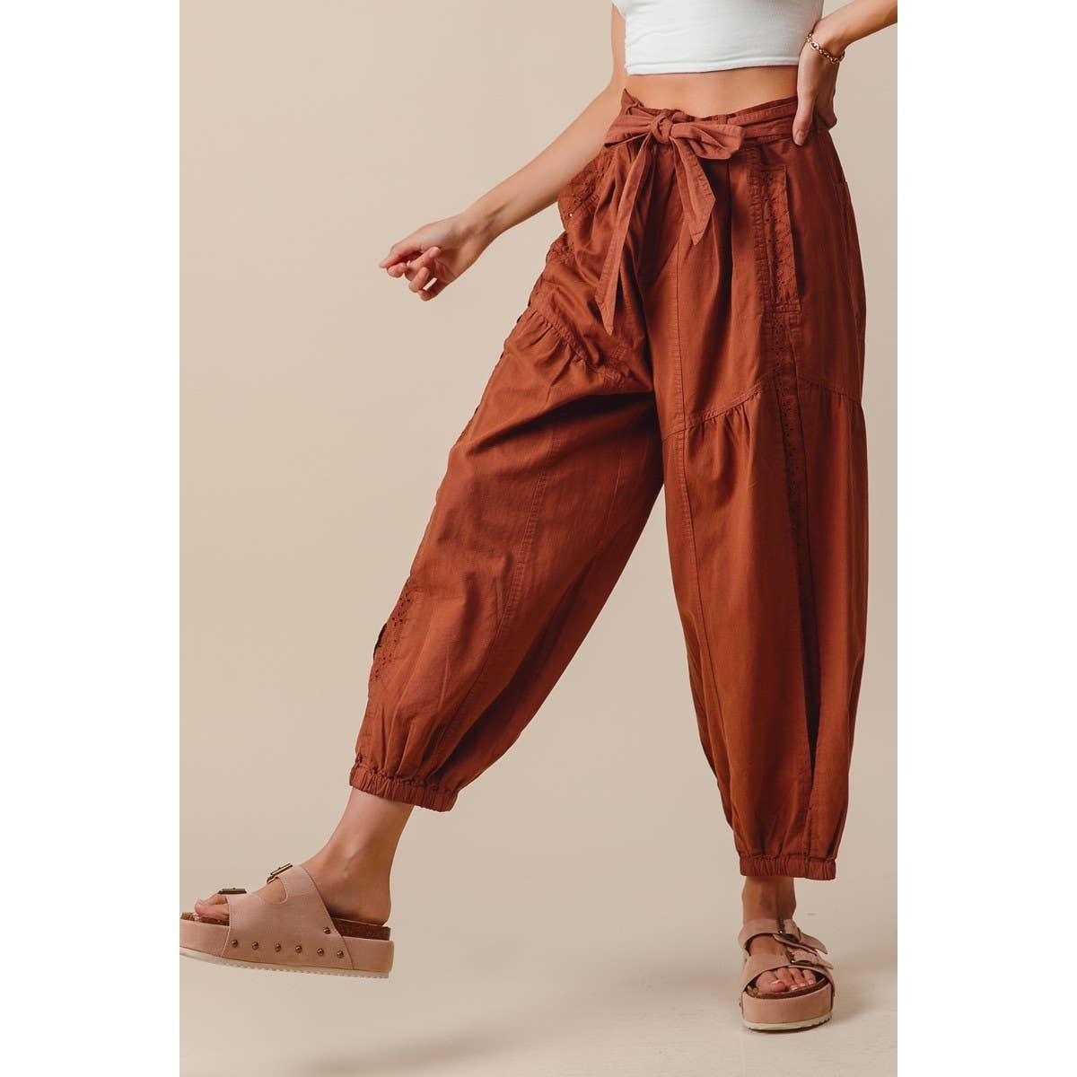 eyelet lace trimmed jogger pants