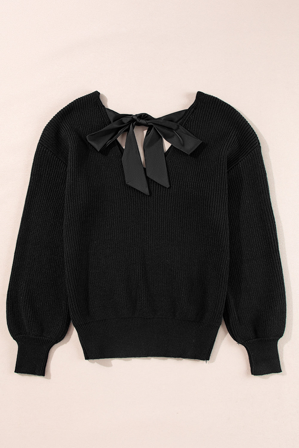 black lantern sleeve v neck knot back sweater