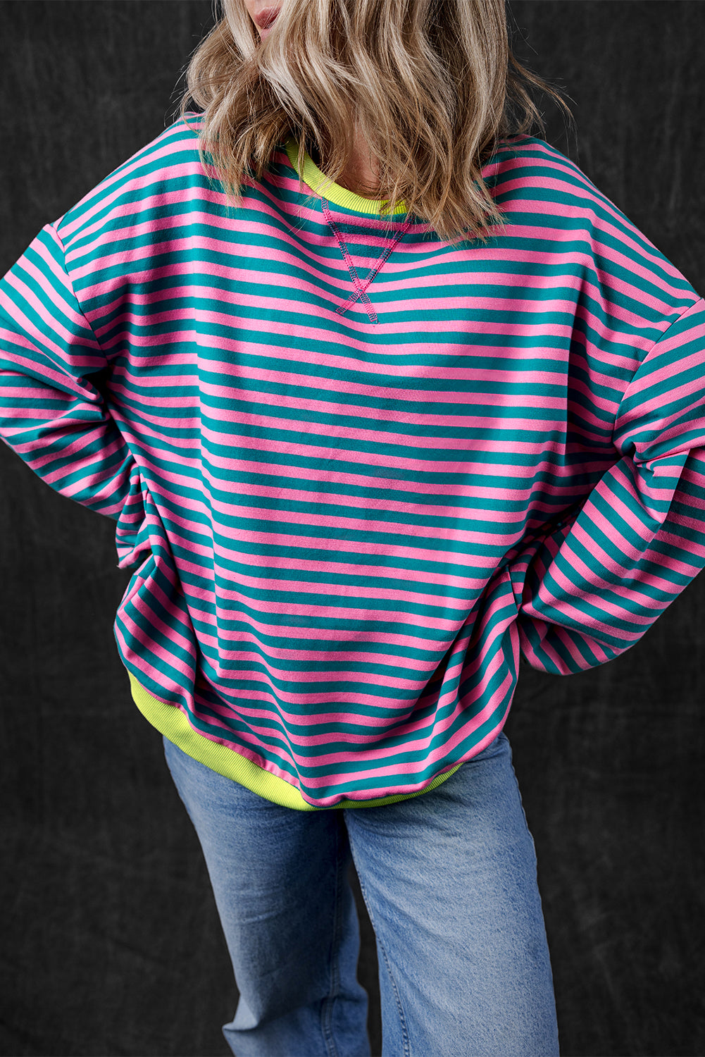 green stripe oversized contrast trim pullover sweatshirt
