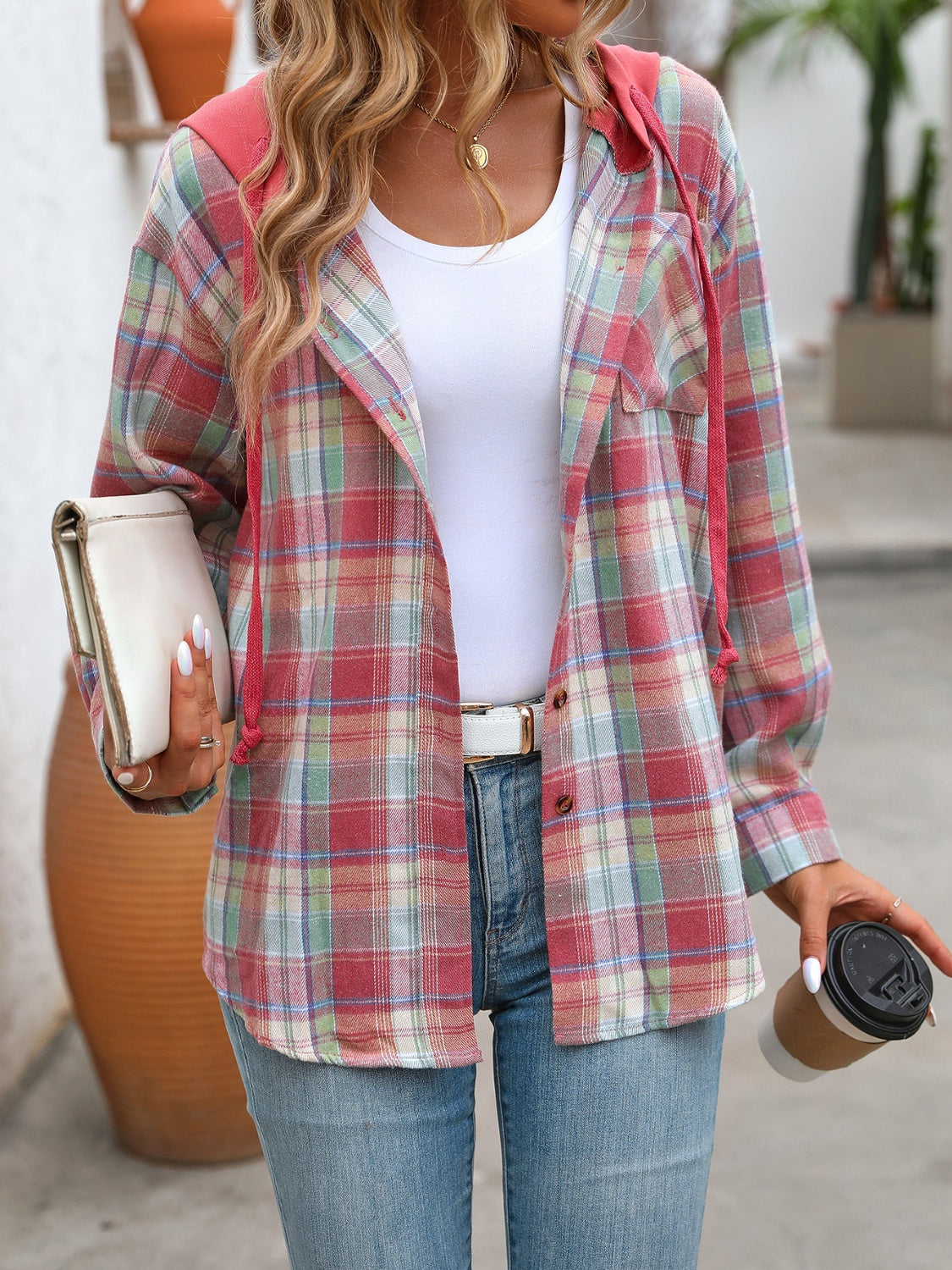 plaid long sleeve hooded jacket