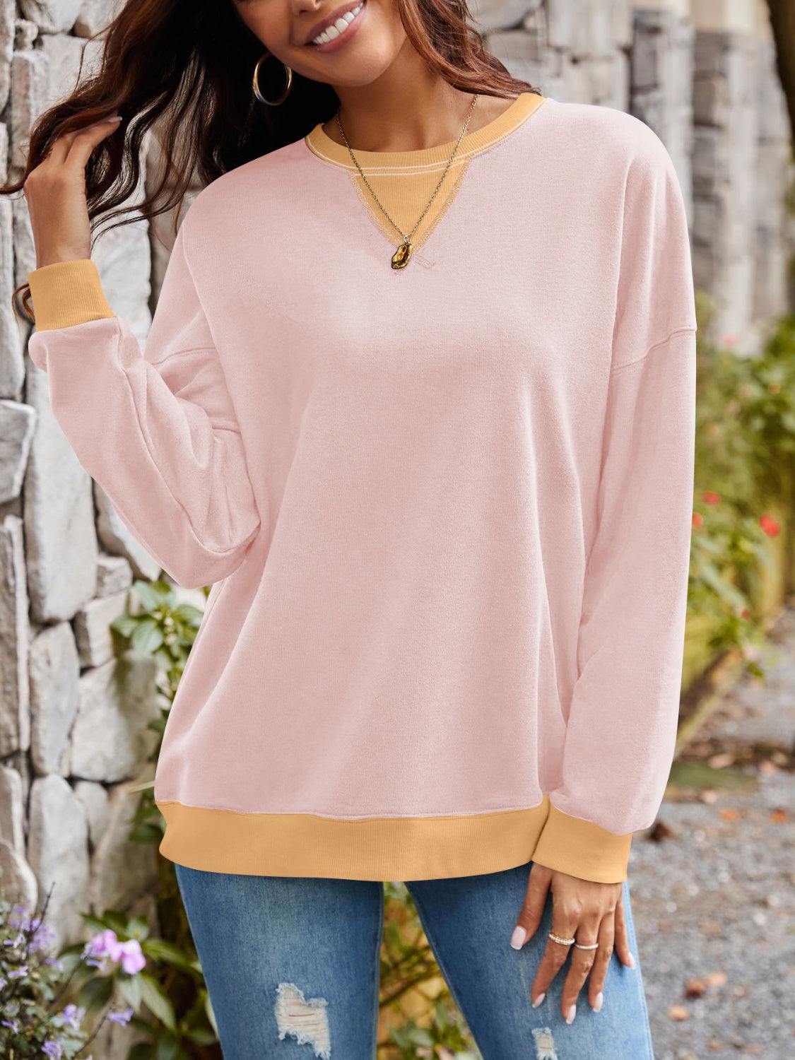 contrast round neck long sleeve sweatshirt