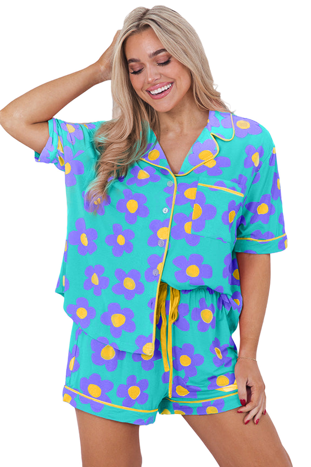 green flower print short sleeve shirt pajamas set
