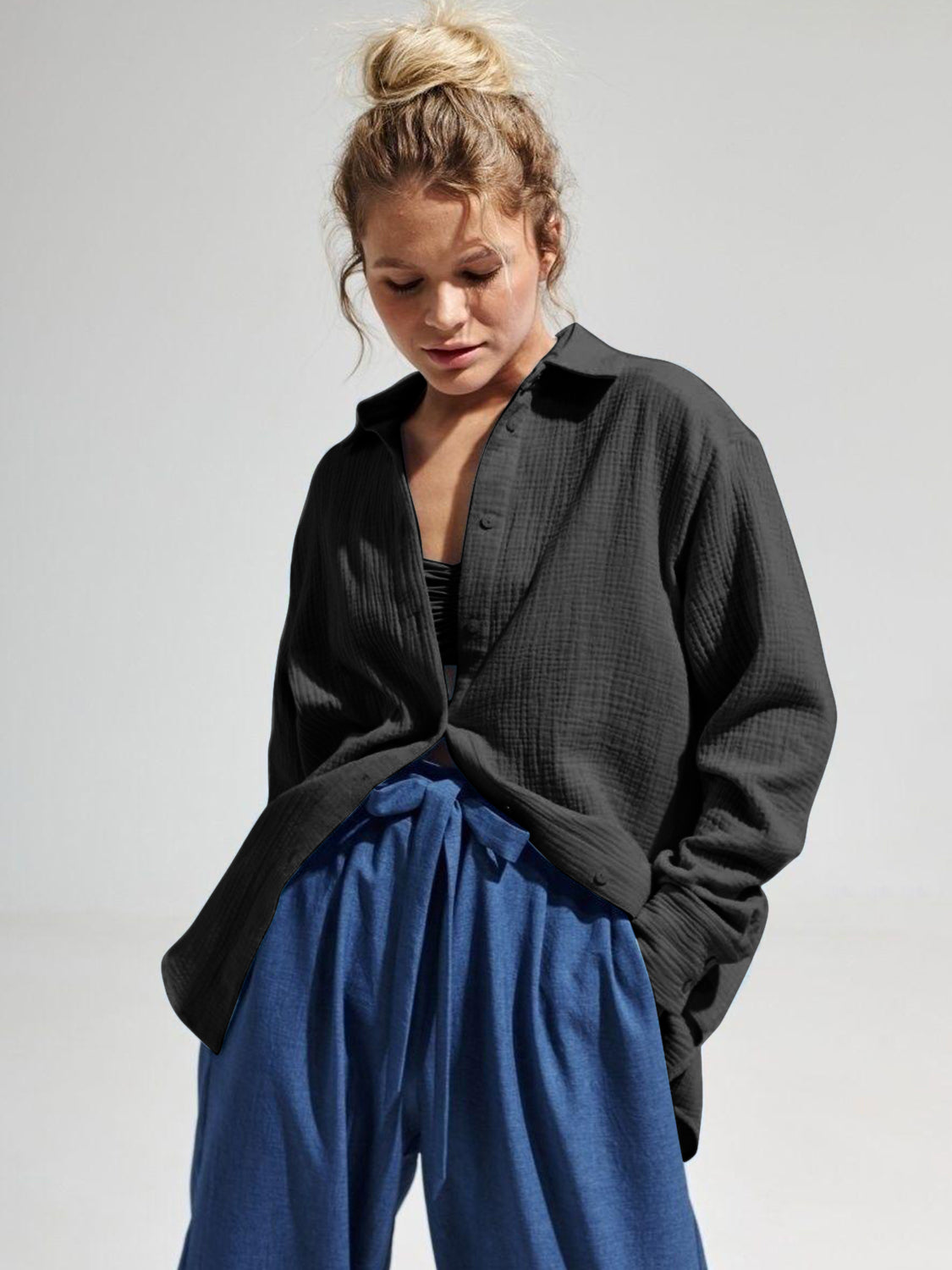textured collared neck long sleeve shirt