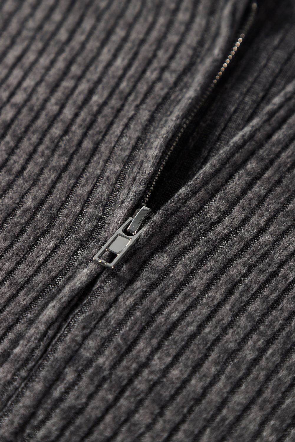dark grey ribbed zip up front drawstring hoodie