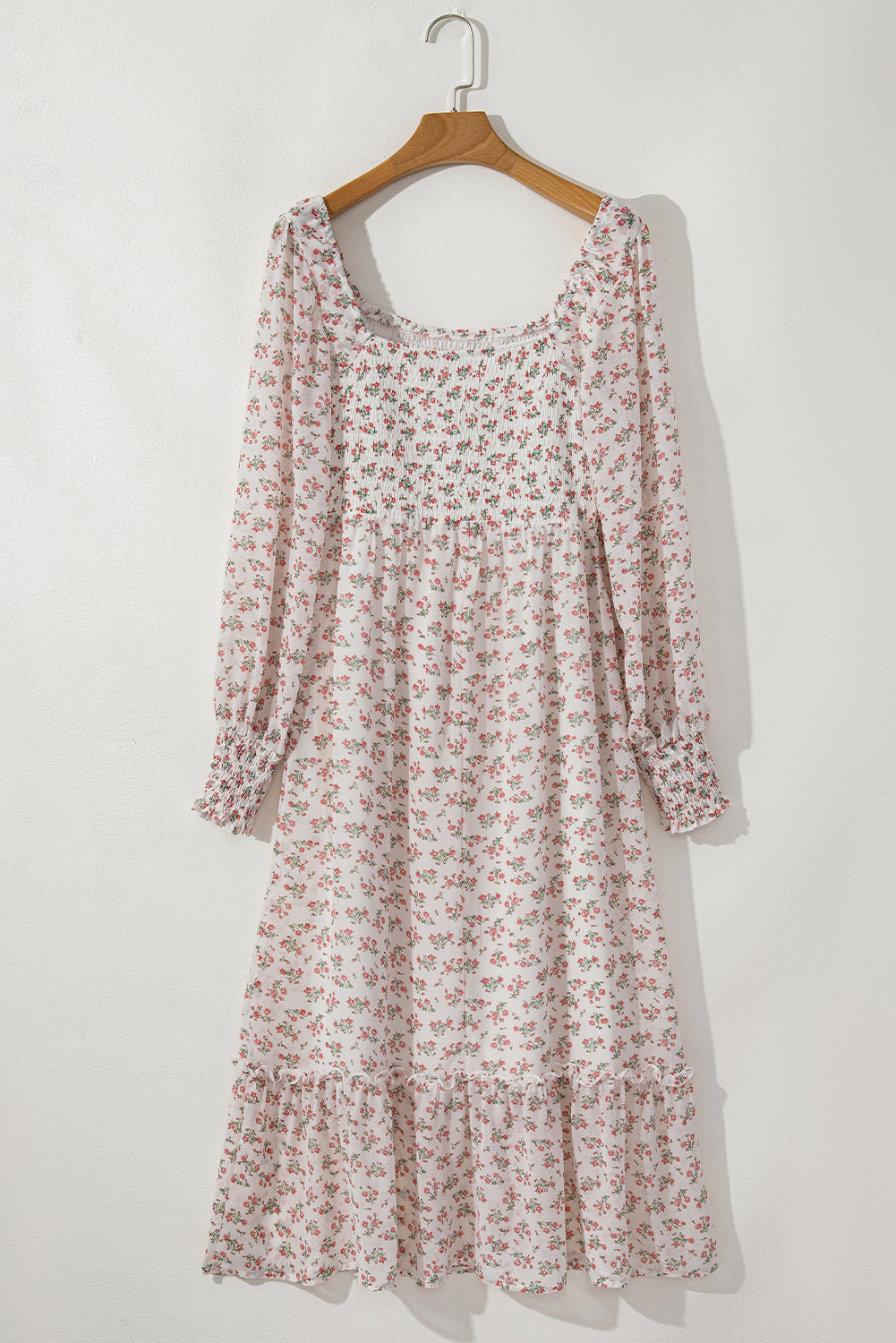 white floral print shirred ruffled hem square neck midi dress