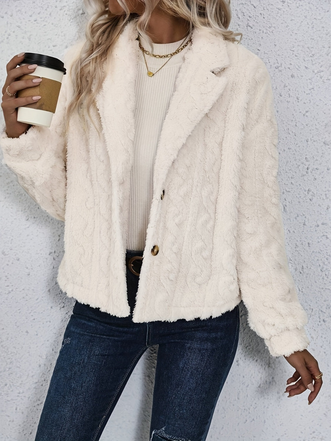 fuzzy button up collared neck jacket