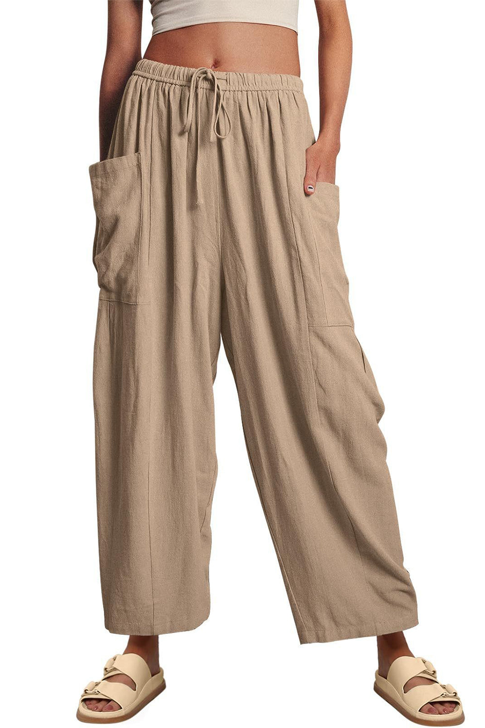 full size pocketed drawstring wide leg pants