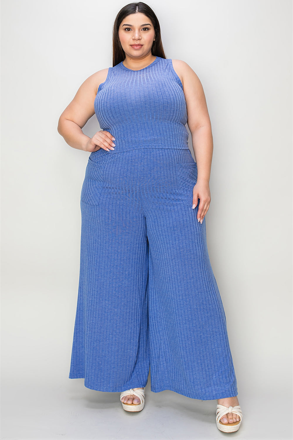 basic bae full size ribbed tank and wide leg pants set
