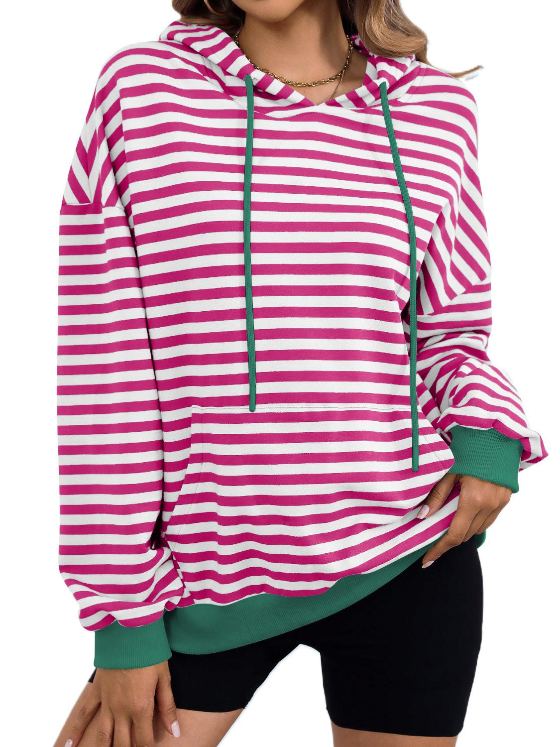 drawstring striped long sleeve hoodie