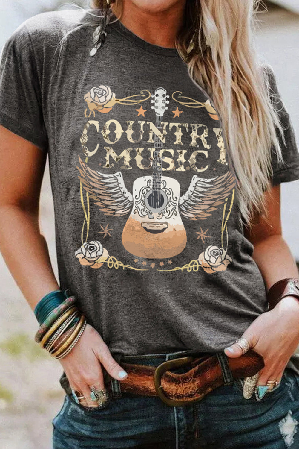 gray country music guitar graphic print crew neck t shirt