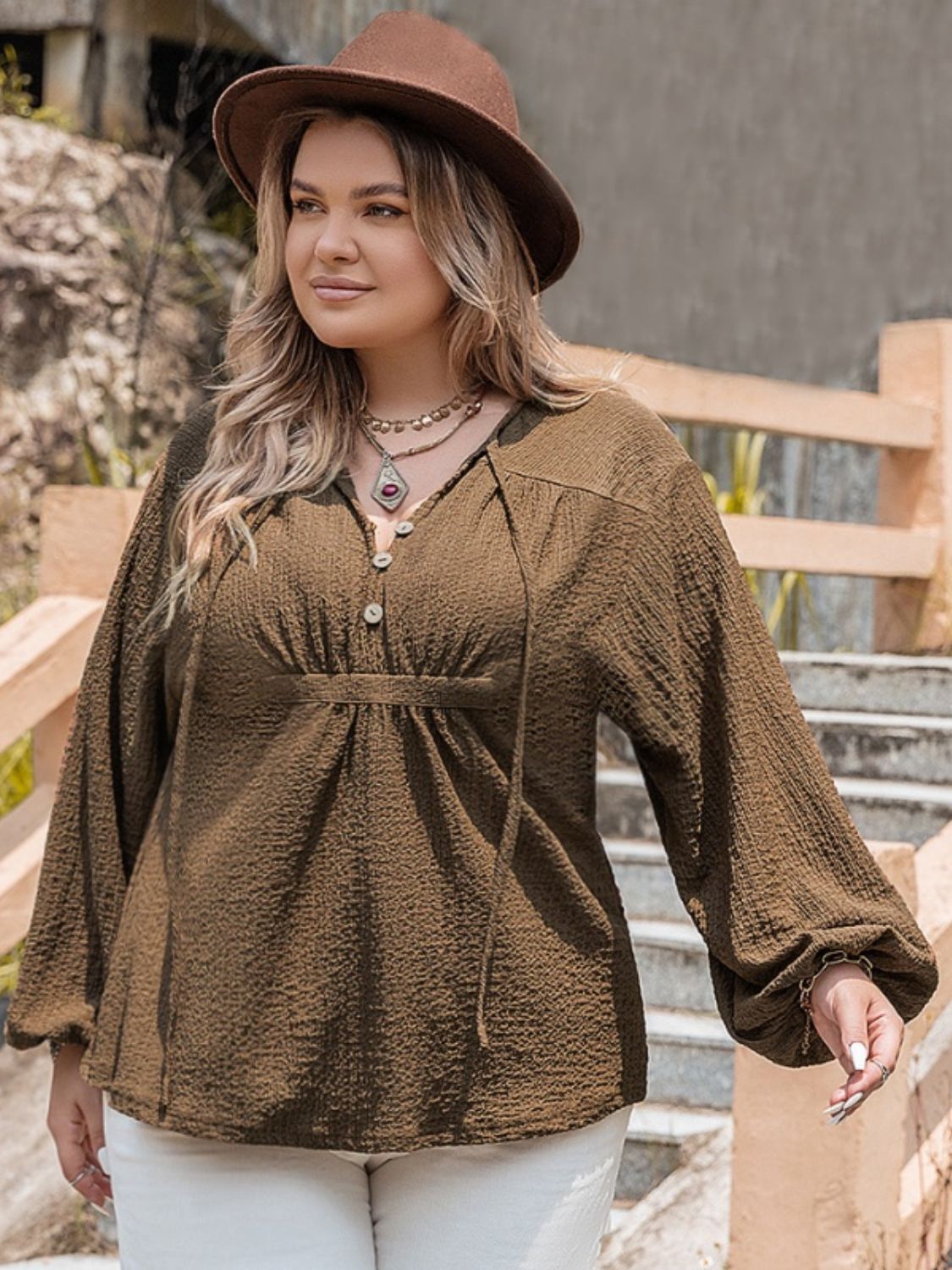 plus size tie neck long sleeve blouse