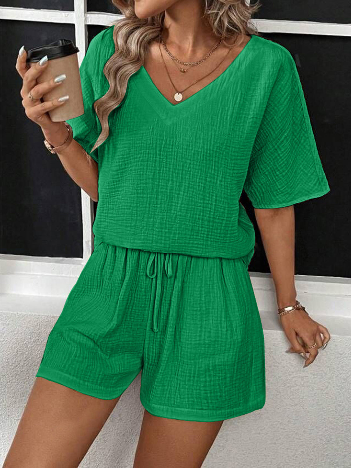 v-neck half sleeve top and shorts set