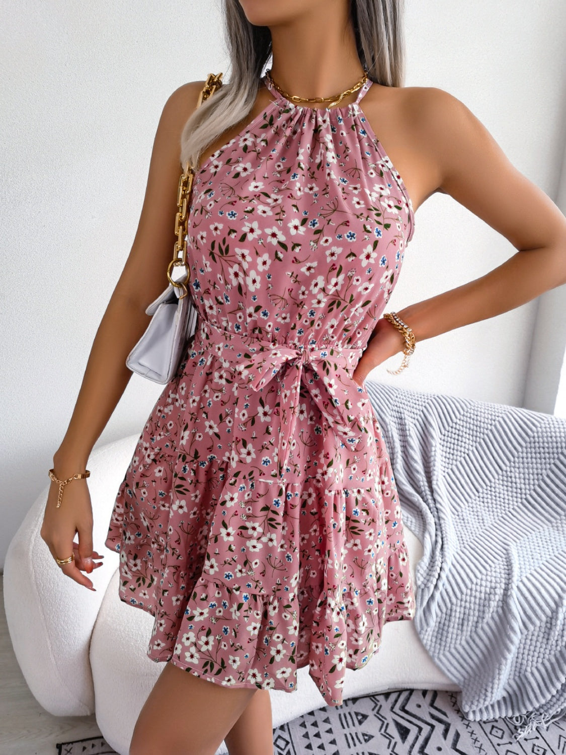tied printed grecian neck mini dress