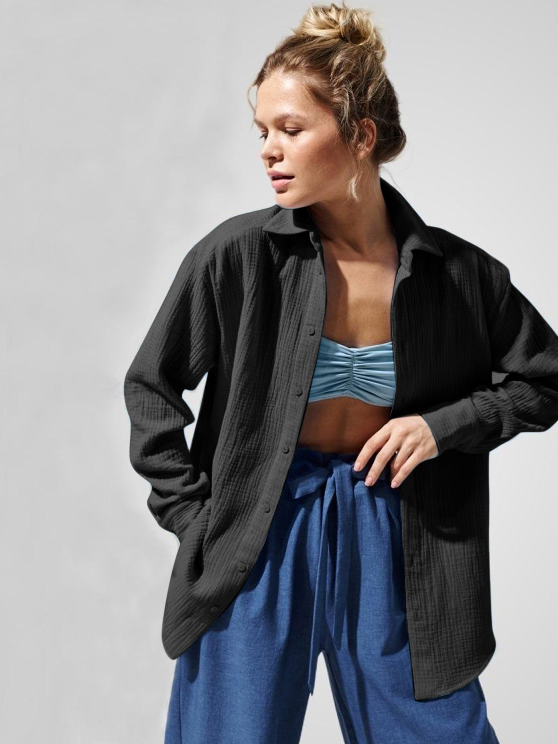 textured collared neck long sleeve shirt