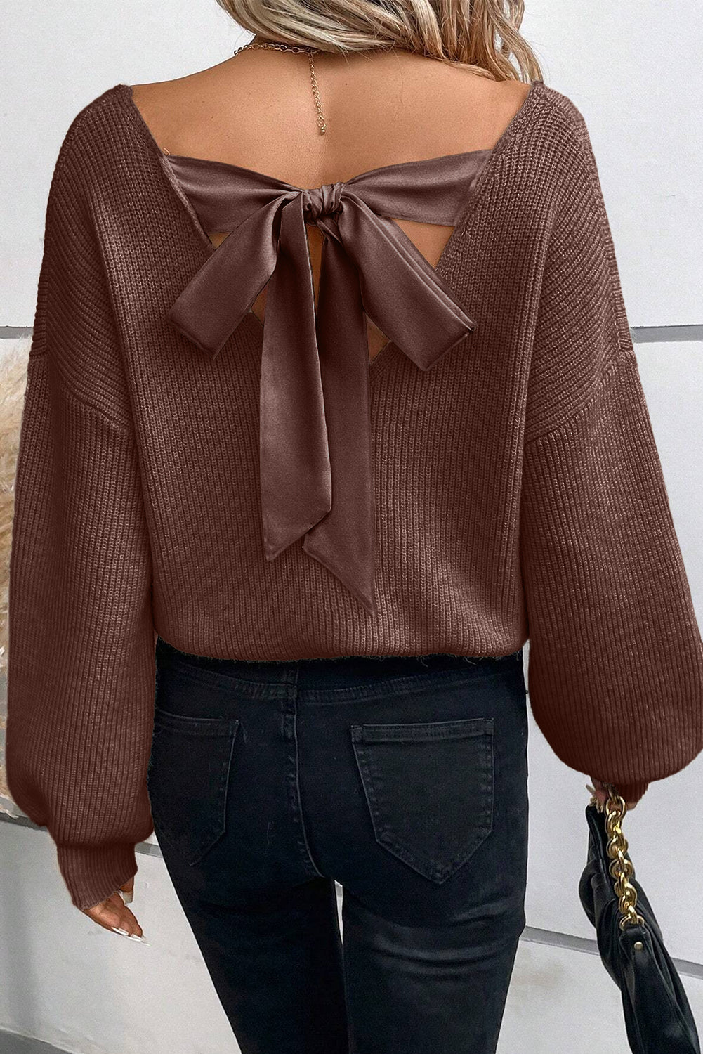 coffee lantern sleeve v neck knot back sweater