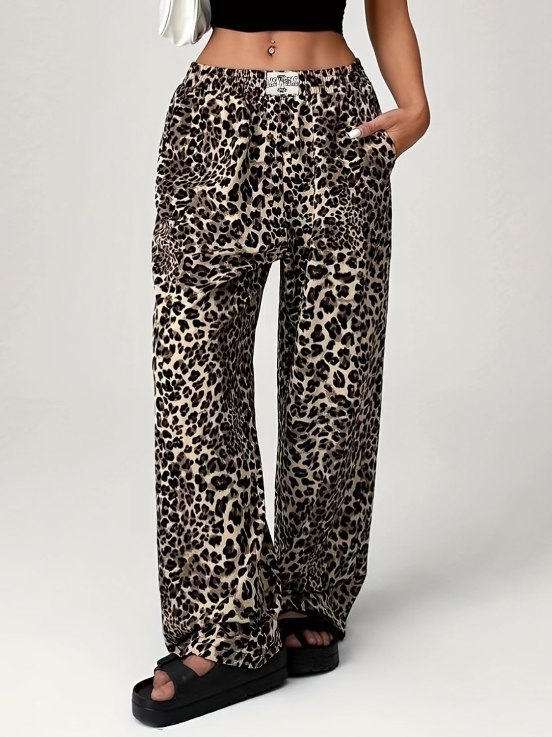 leopard wide leg pants with pockets