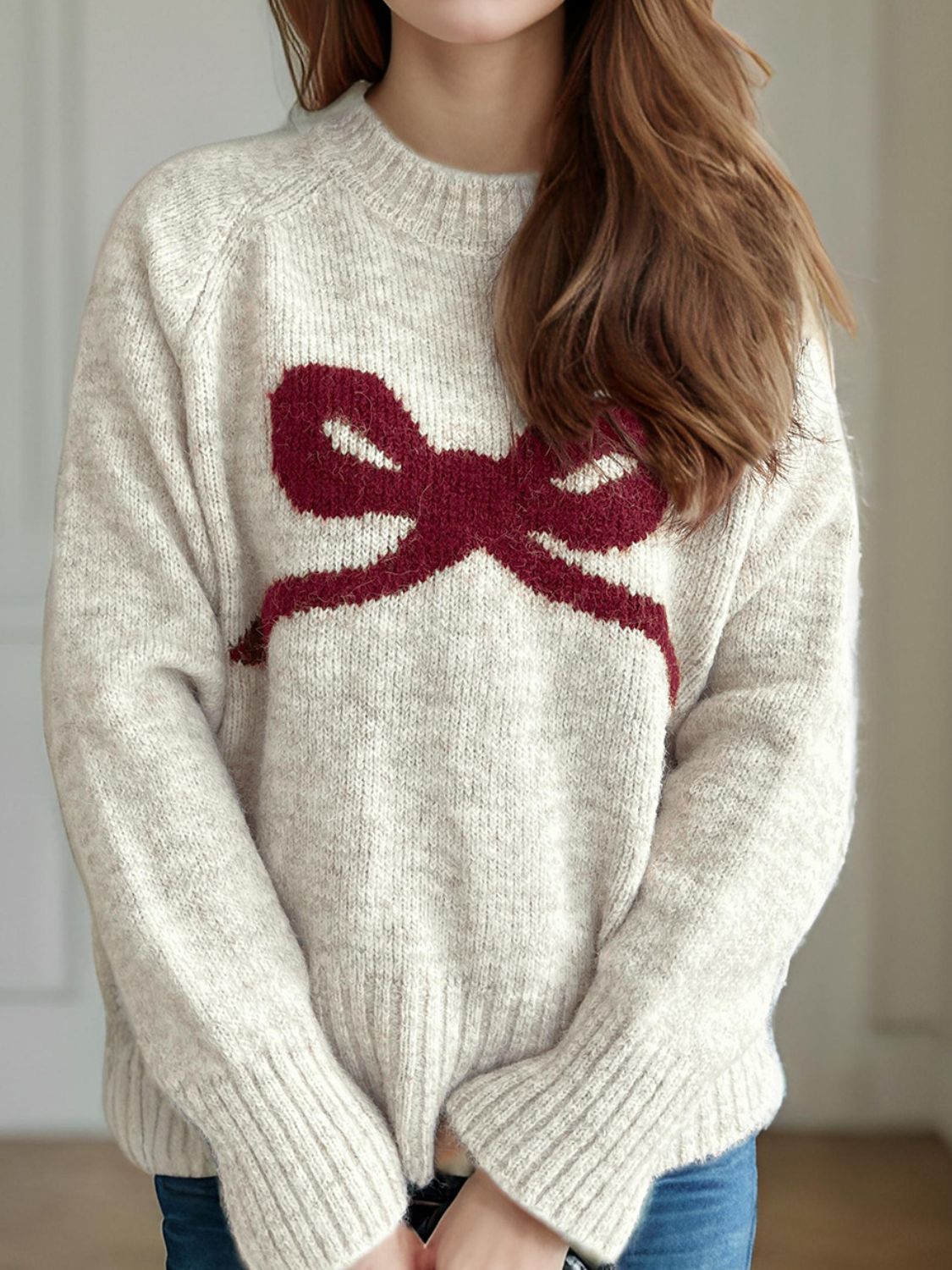 bow round neck long sleeve sweater