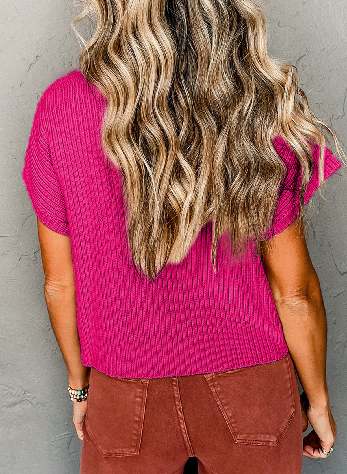 rose red patch pocket ribbed knit short sleeve sweater