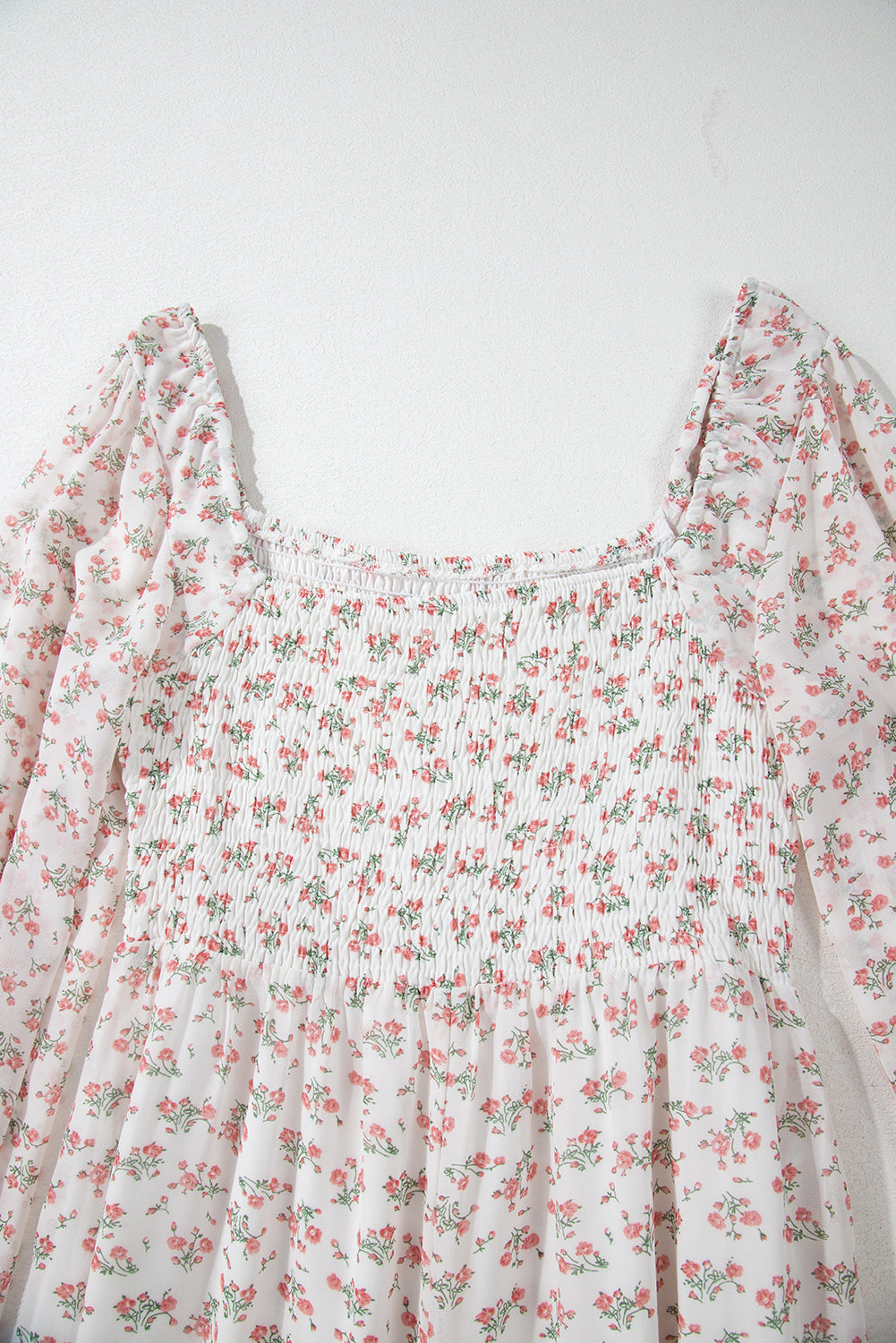 white floral print shirred ruffled hem square neck midi dress