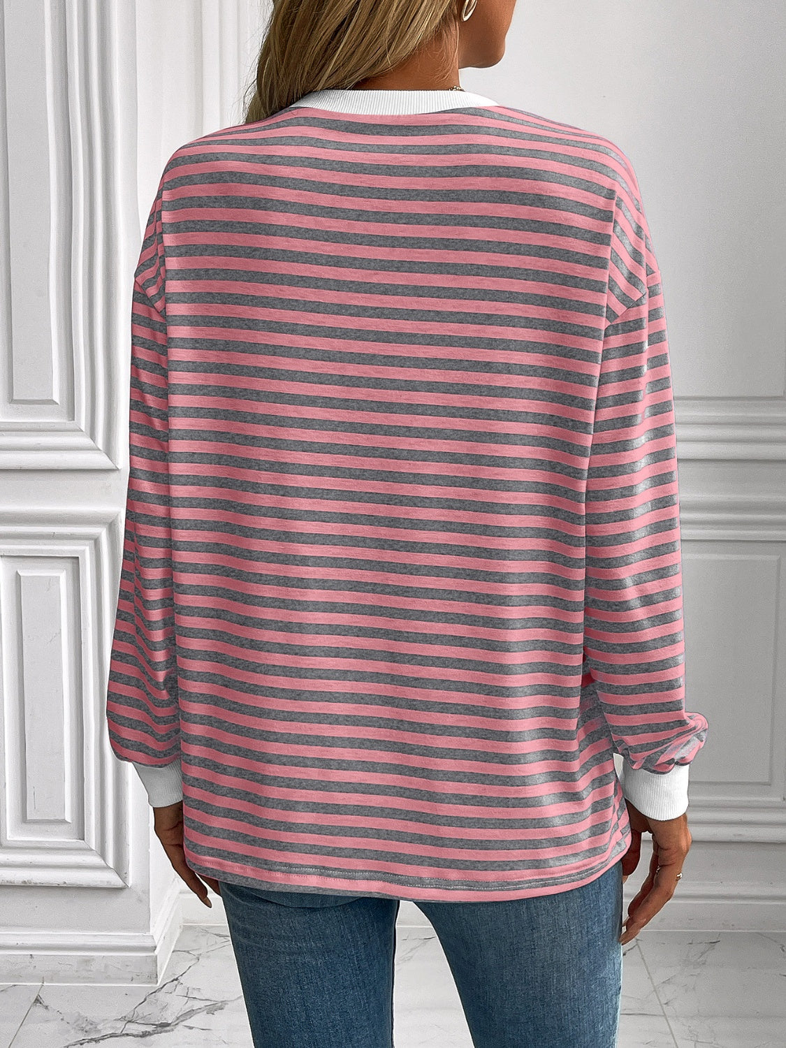 ivy lane striped round neck long sleeve sweatshirt
