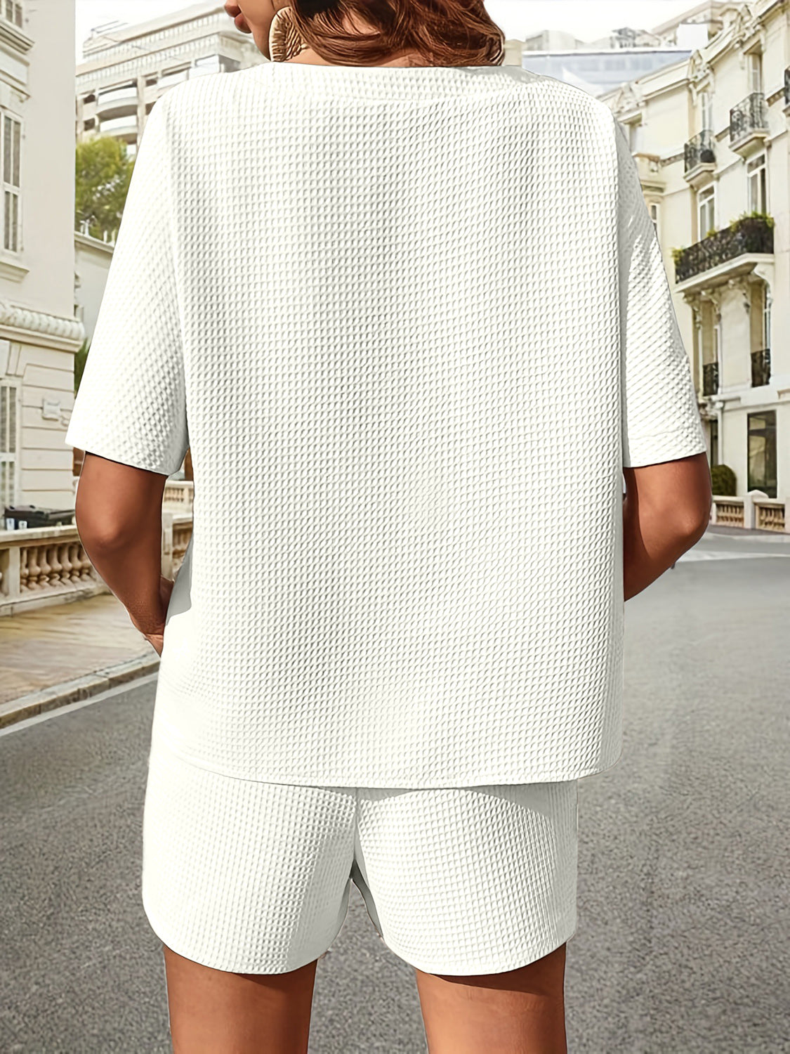 waffle-knit half sleeve top and shorts set