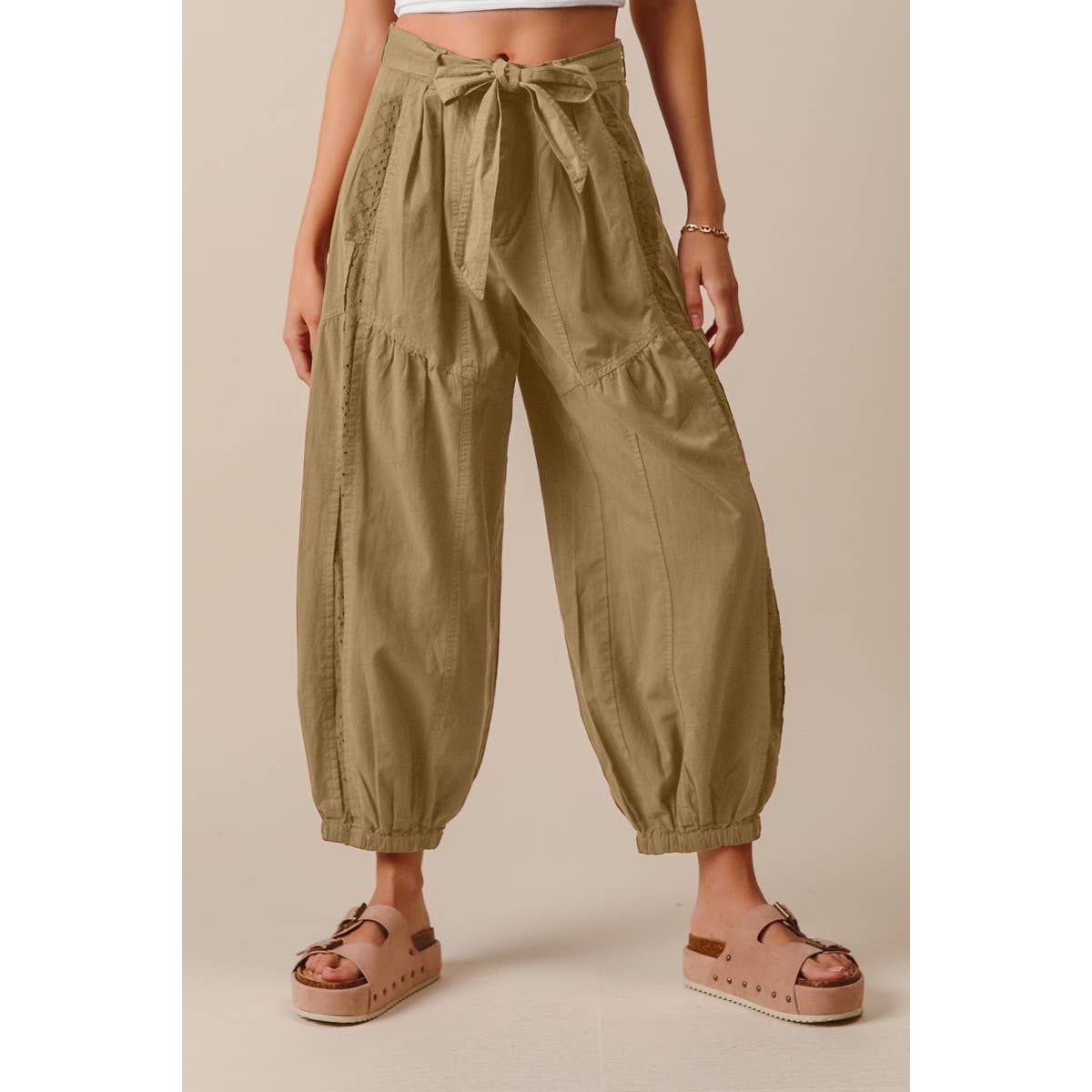 eyelet lace trimmed jogger pants