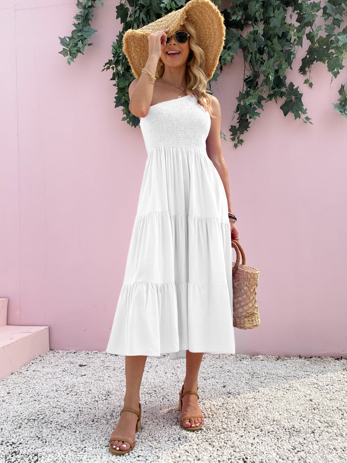 smocked single shoulder sleeveless dress