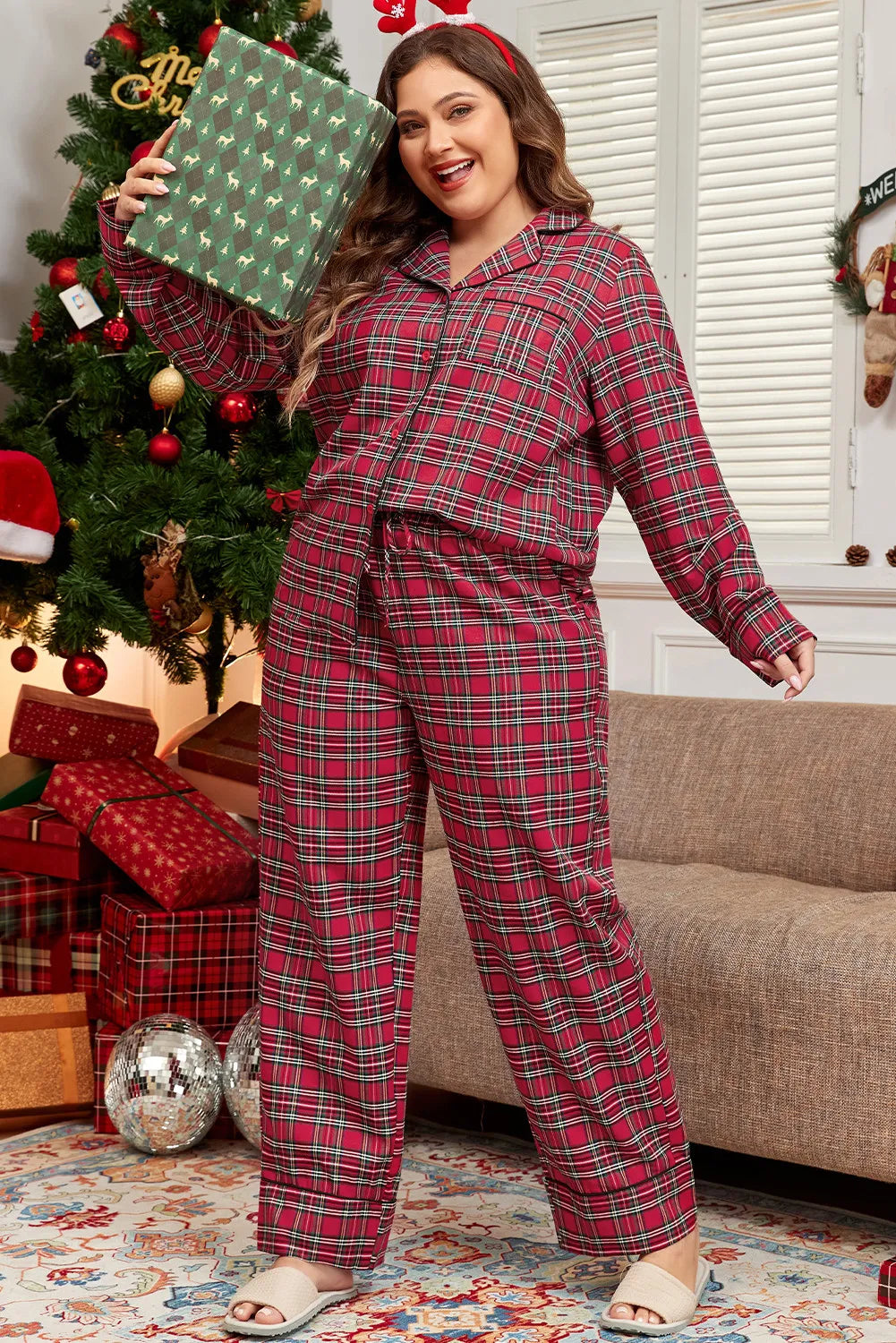 plus size plaid collared neck top and pants lounge set