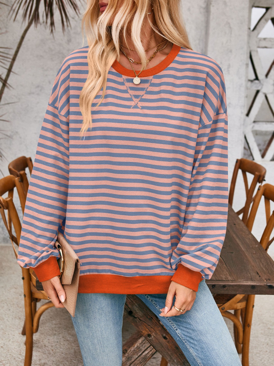 contrast striped long sleeve sweatshirt