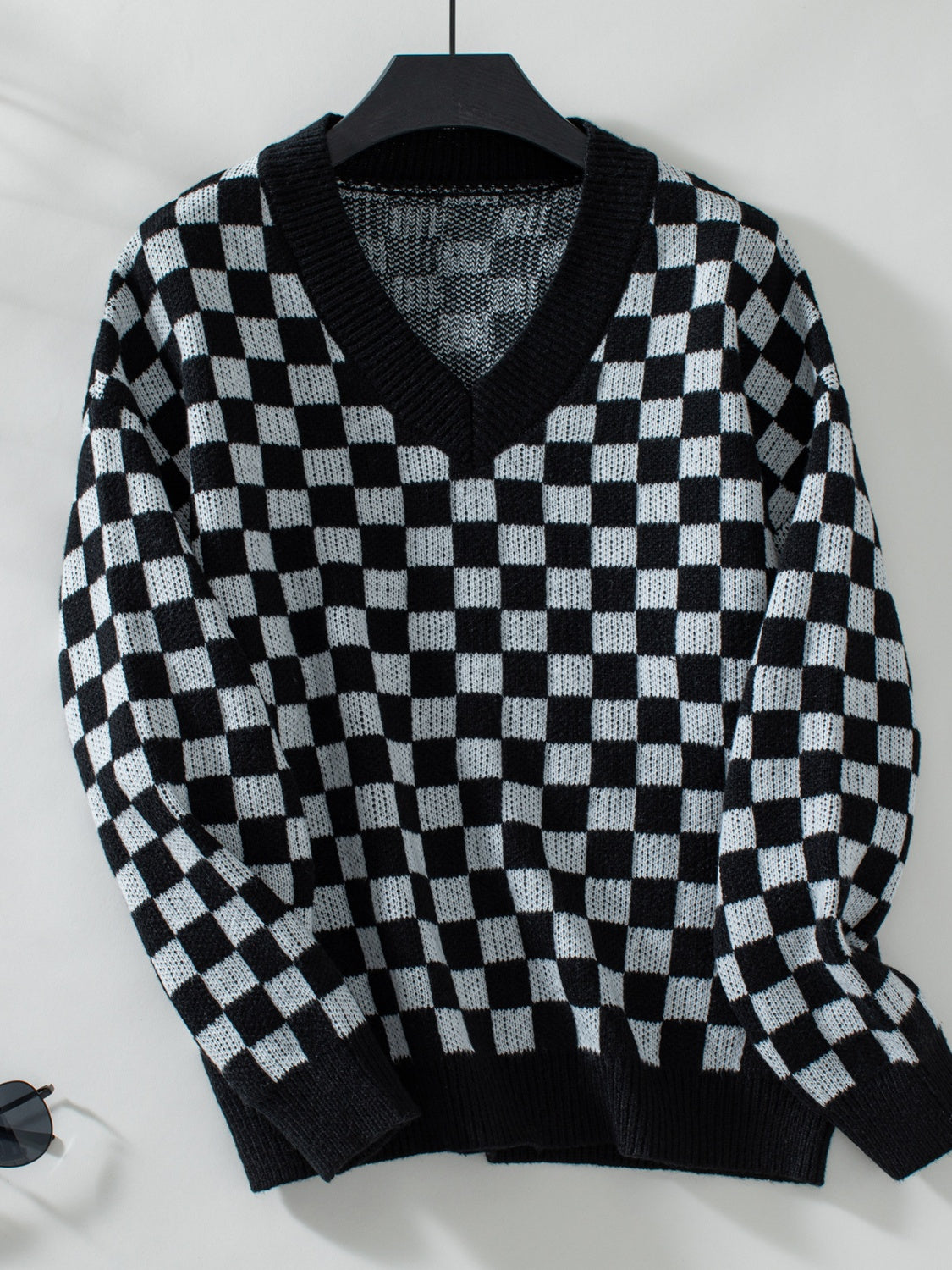 checkered v-neck dropped shoulder sweater