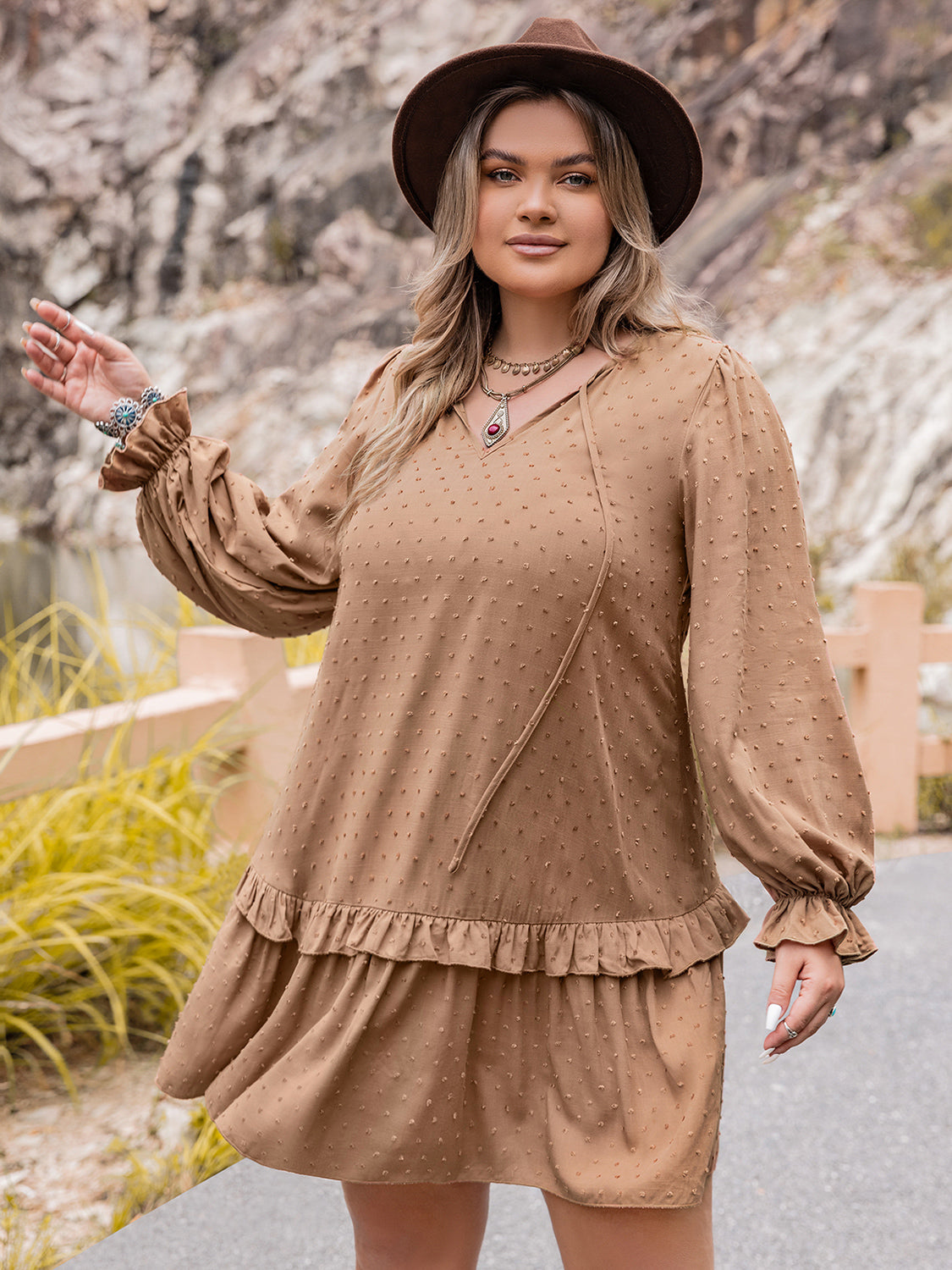 plus size dot flounce sleeve mini dress