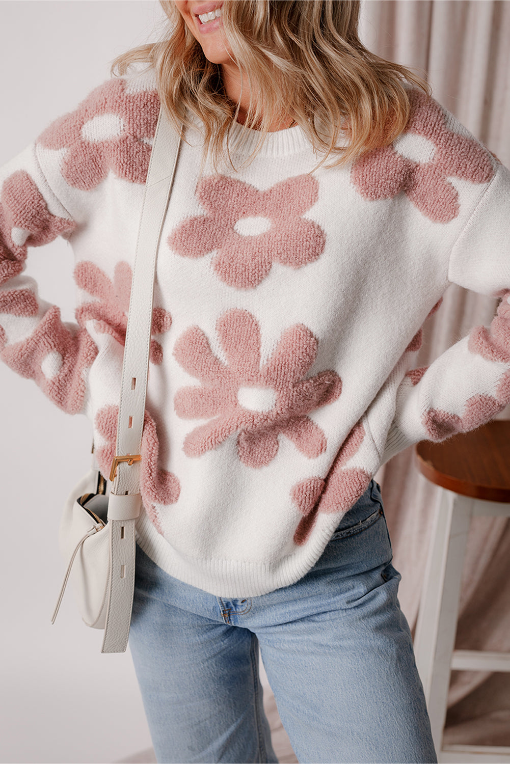 white textured flower drop shoulder loose sweater