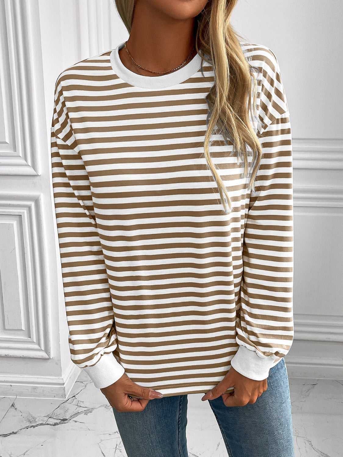 ivy lane striped round neck long sleeve sweatshirt