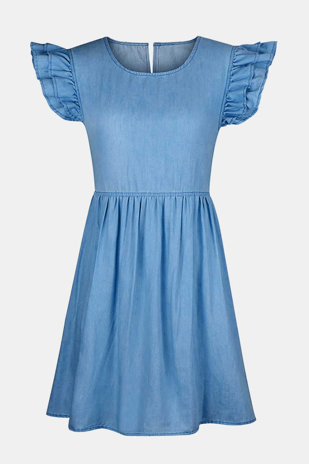 full size ruffled round neck cap sleeve denim dress
