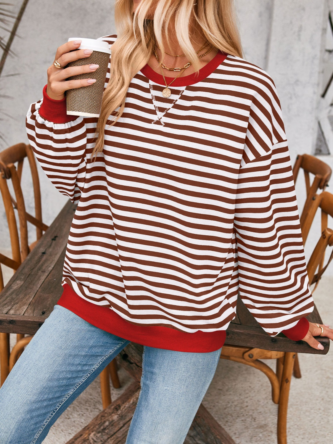 contrast striped long sleeve sweatshirt