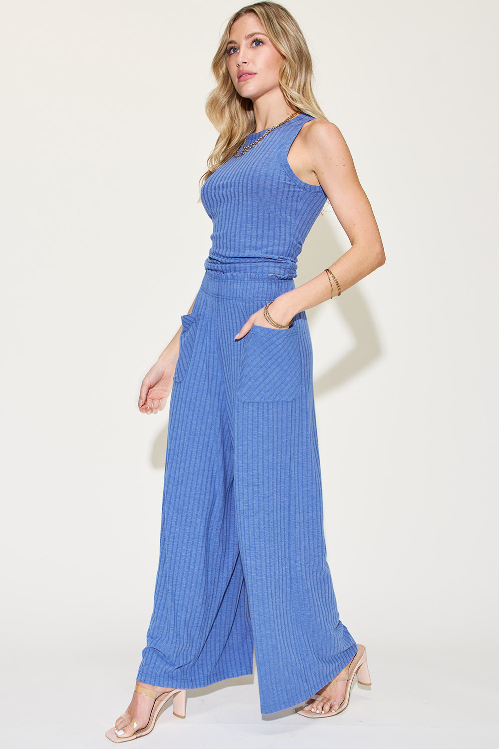 basic bae full size ribbed tank and wide leg pants set