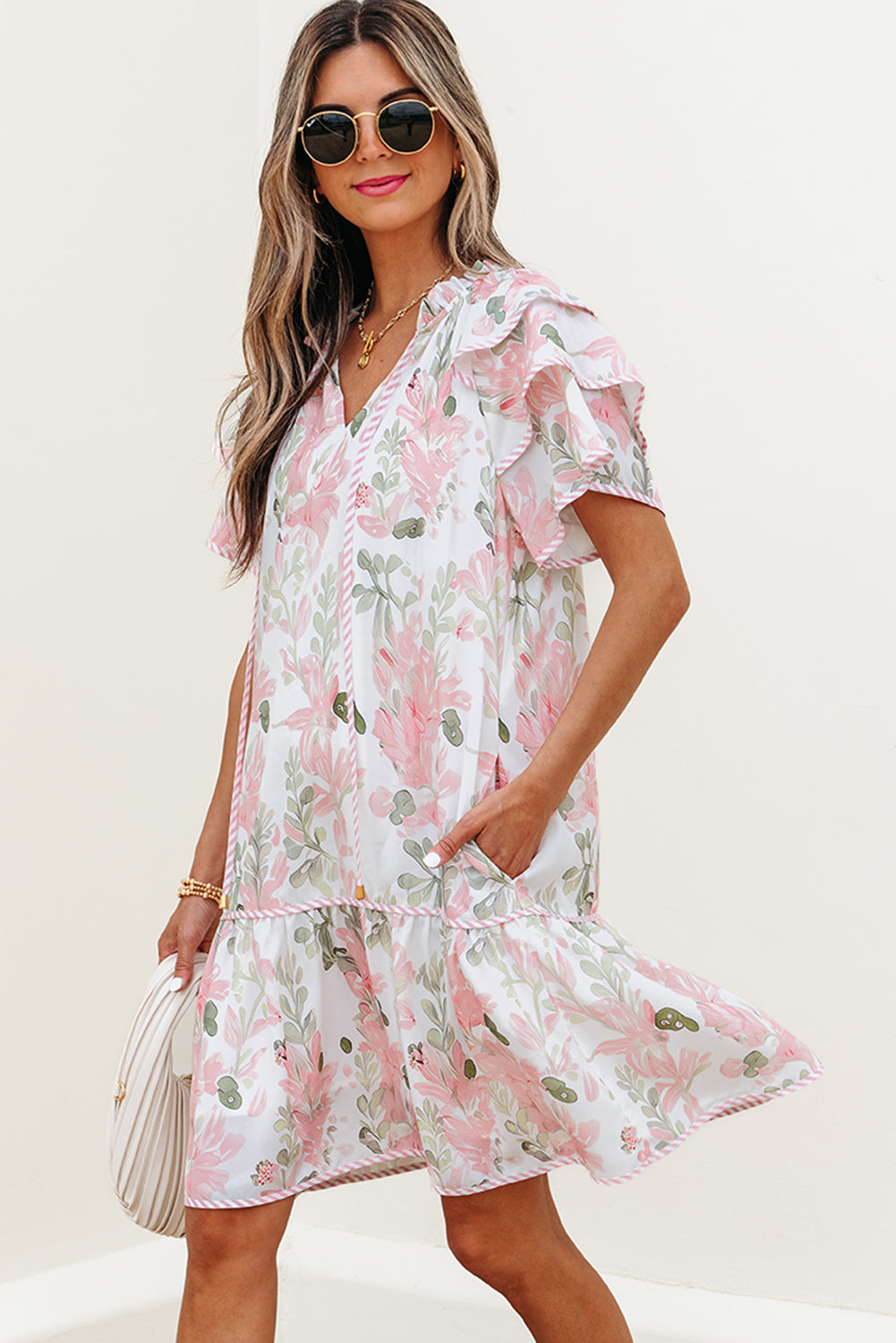 pink floral contrast edge layered short sleeve mini dress