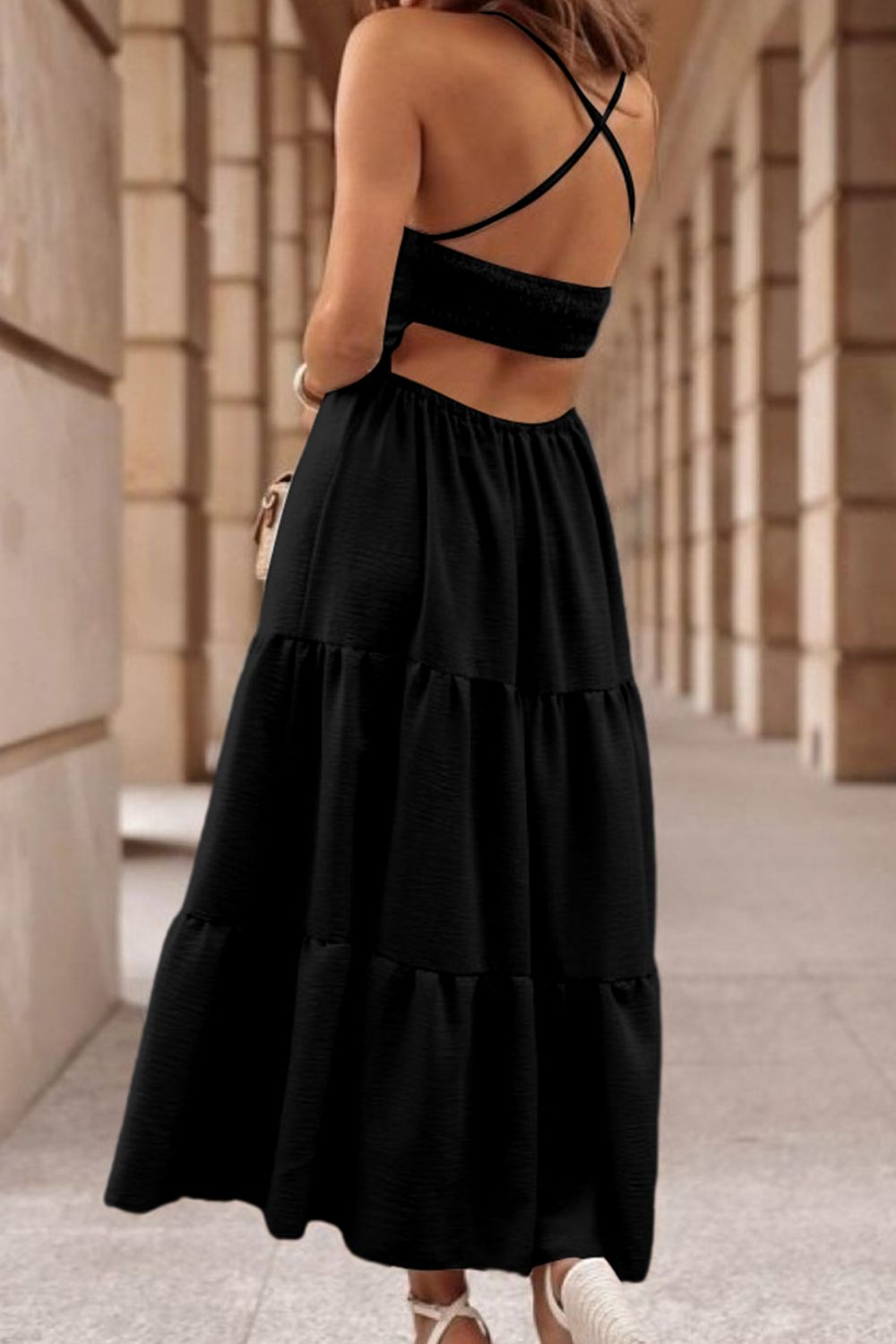 tiered crisscross spaghetti strap dress