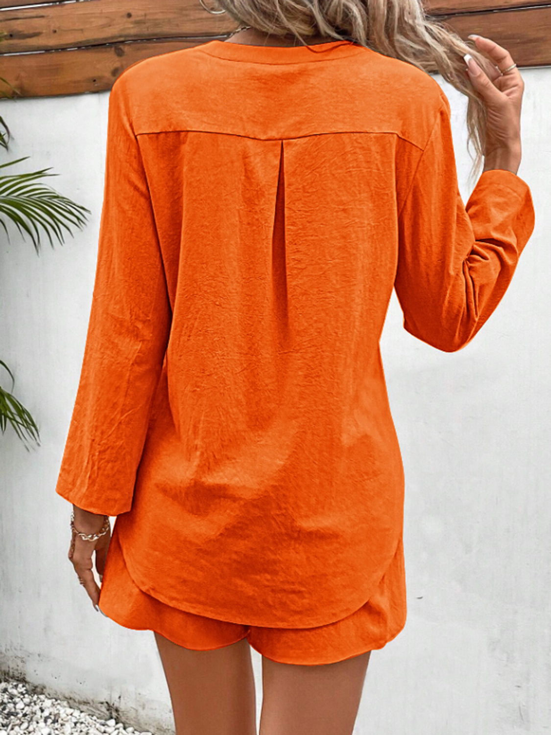 notched long sleeve top and shorts set