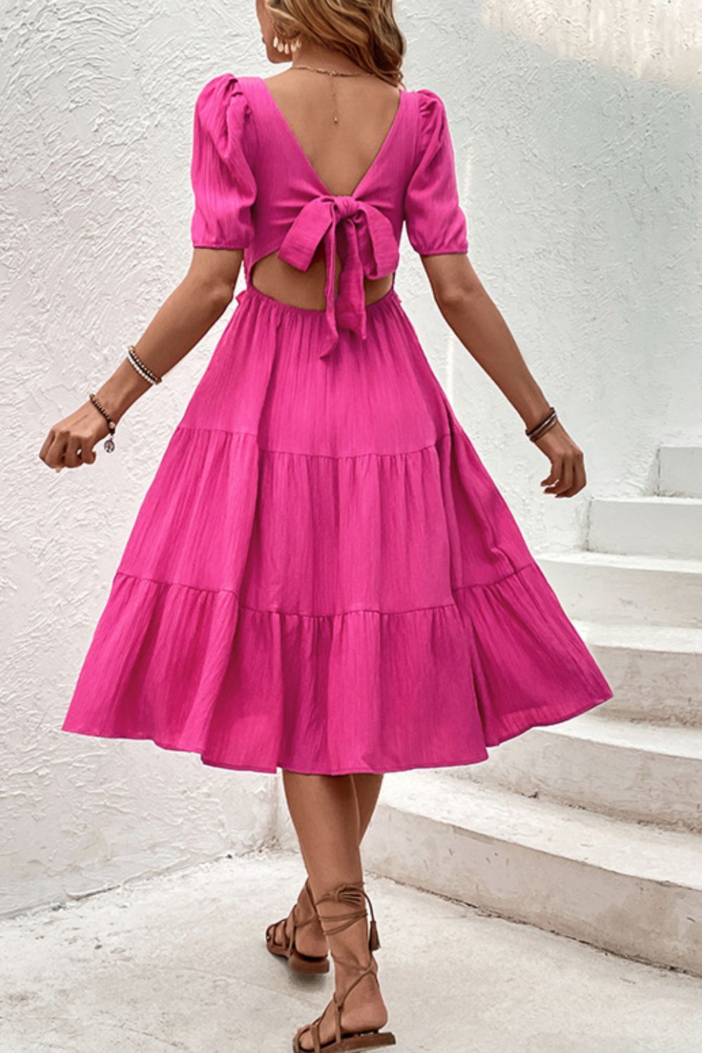 square neck puff sleeve cutout dress