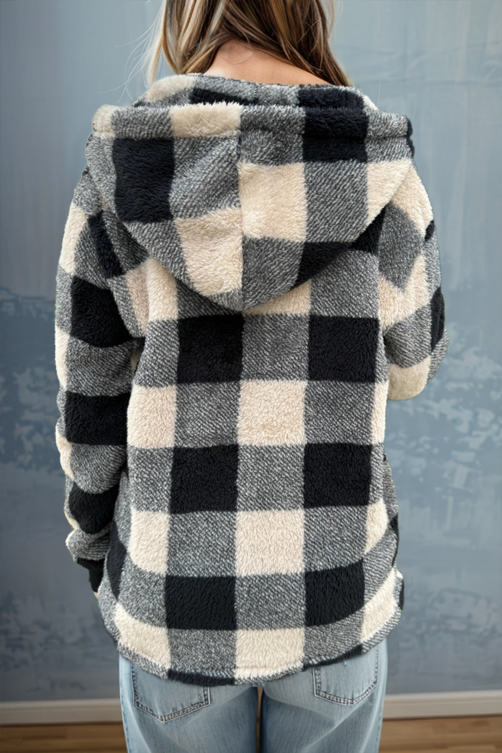 double take full size plaid long sleeve hooded coat