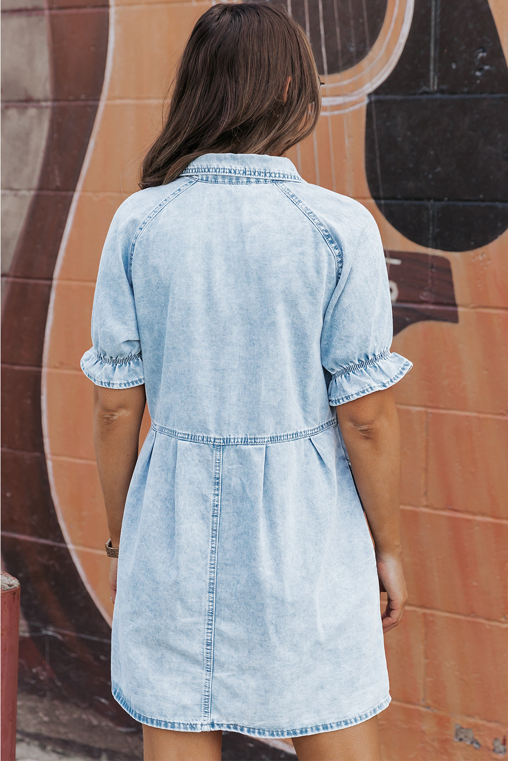 beau blue mineral wash ruffled short sleeve buttoned denim dress