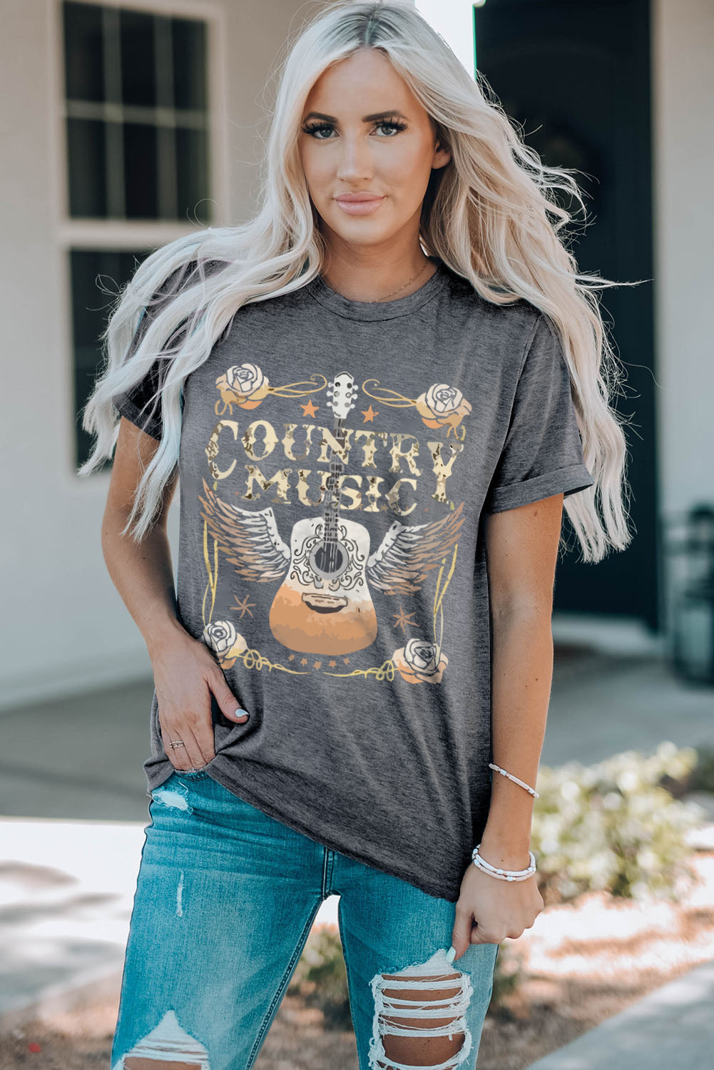 gray country music guitar graphic print crew neck t shirt