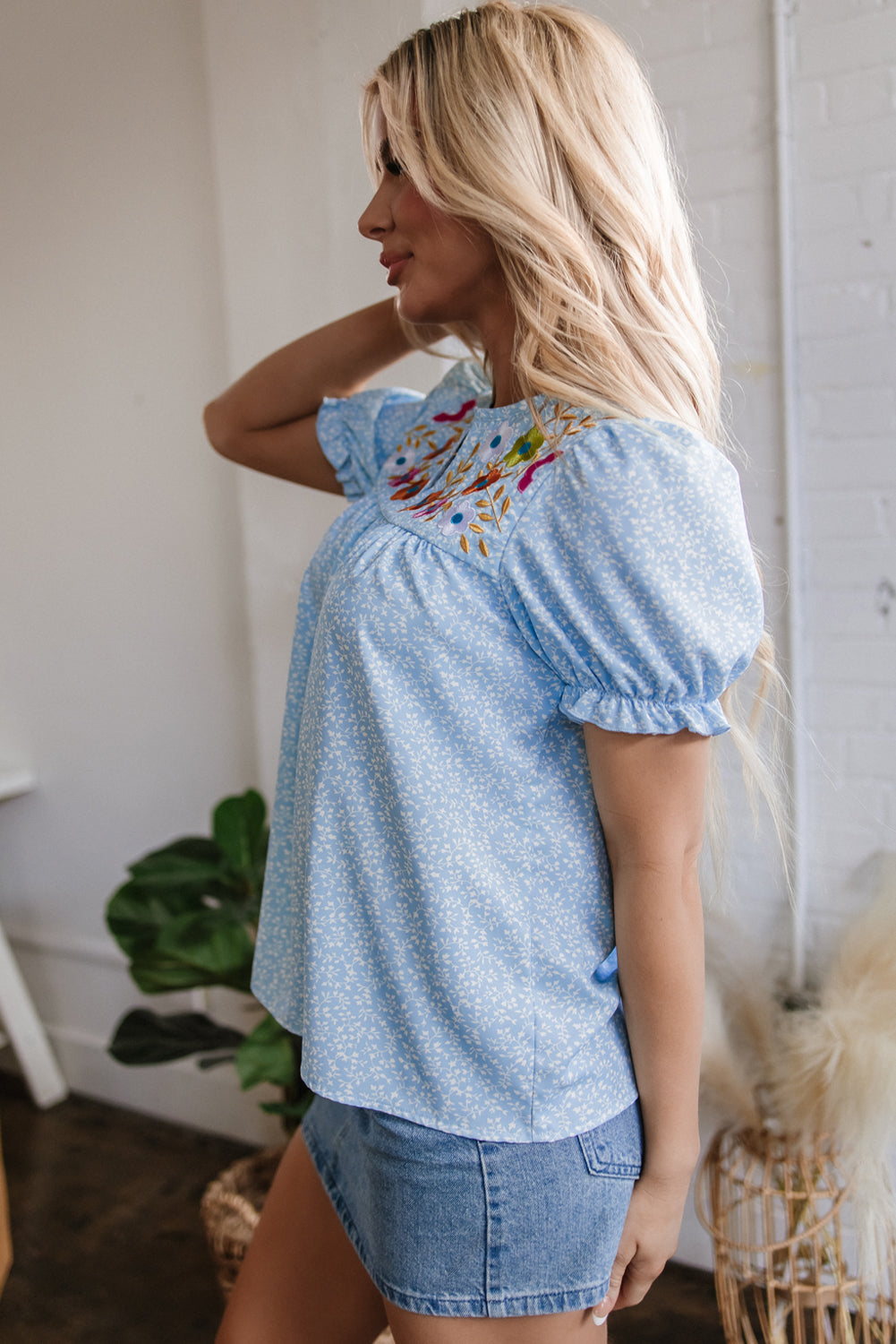 sky blue floral embroidered puff sleeve notched v neck blouse