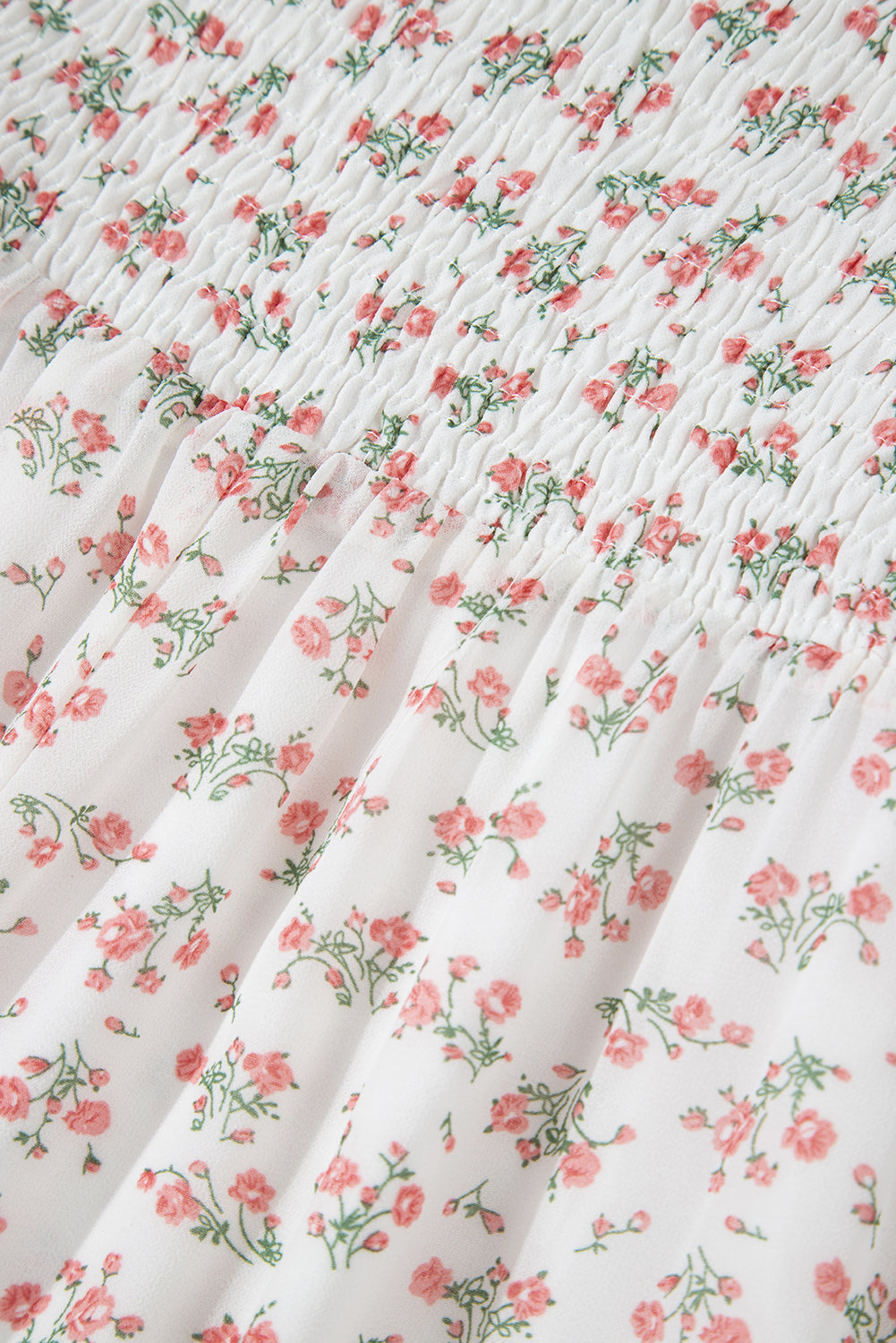 white floral print shirred ruffled hem square neck midi dress