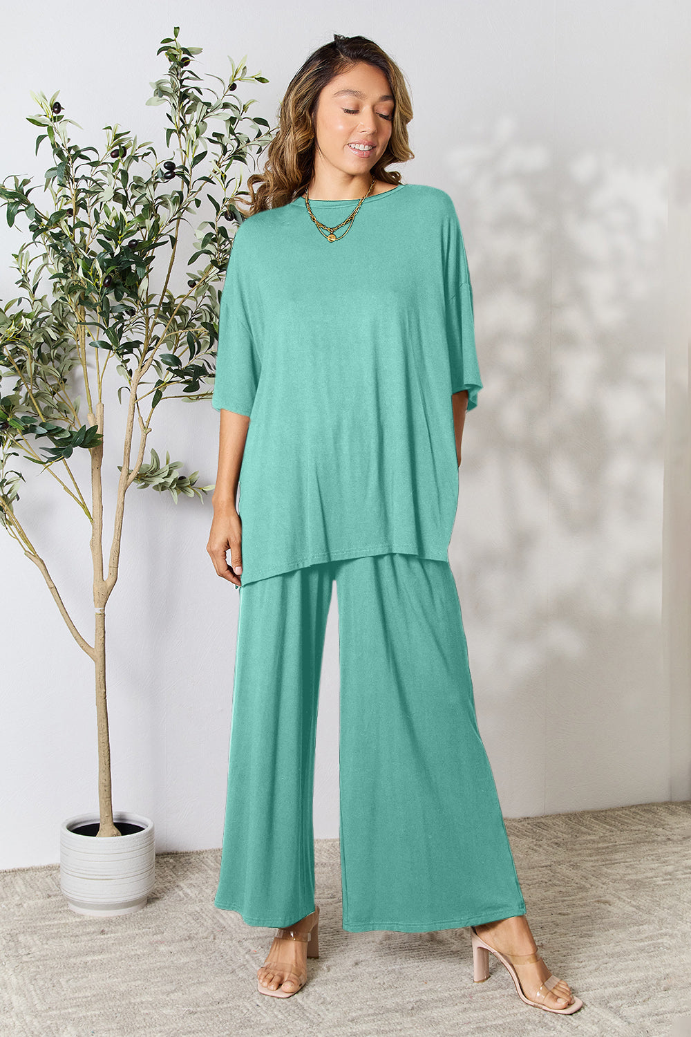 double take full size round neck slit top and pants set